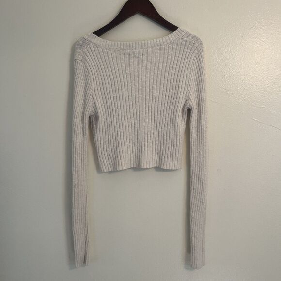 NUDE LUCY Jamie V Neck Knit Cotton Cropped Longsleeve Sweater, Milk- Small - Picture 6 of 6